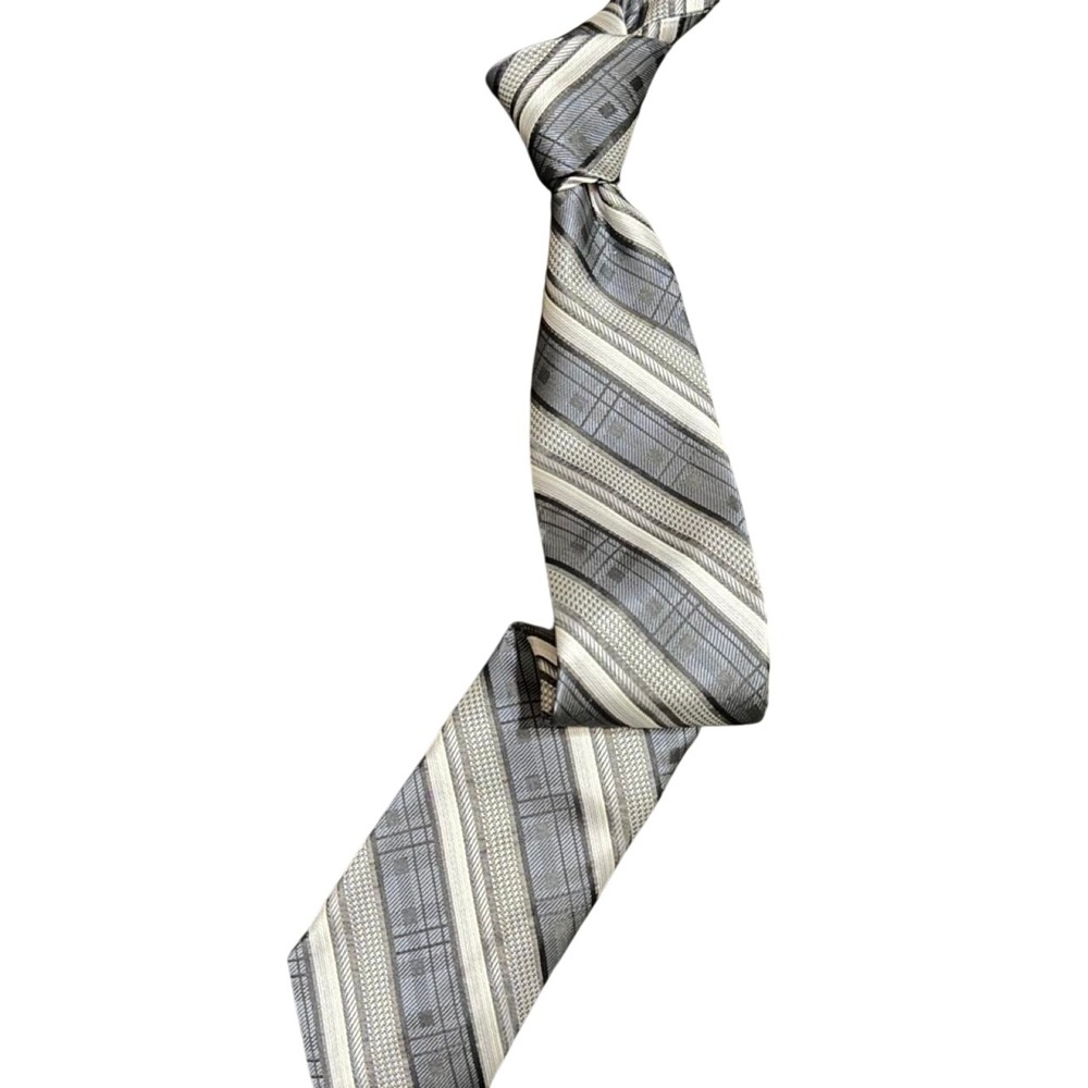 Stacy Adams Mens Necktie Gray Silver Black Striped Geometric Microfiber